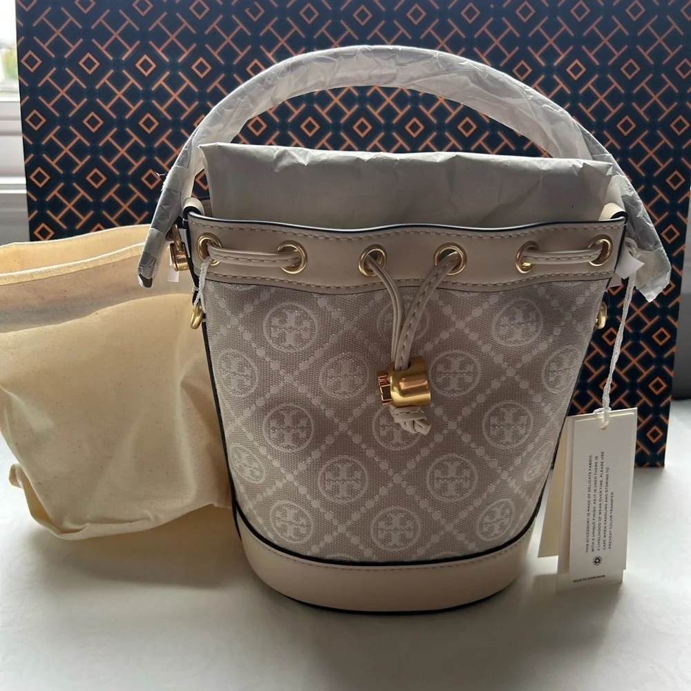 Tory Burch T Monogram Mini Bucket Bag Crossbody Bag Ivory Gold Cream White Tan